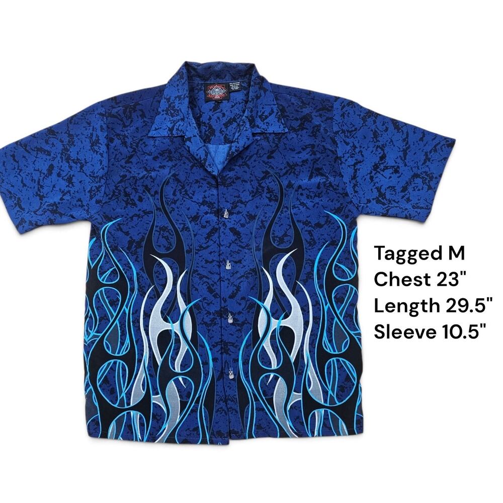 DRAGONFLY ROADHOUSE Blue Flame Button Down Shirt Men M Y2K Hot Rod Biker Bowling